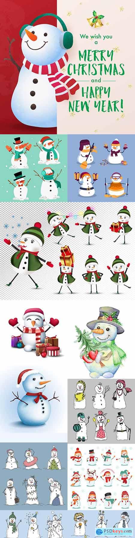 Cheerful snowmen in different costumes Christmas illustrations