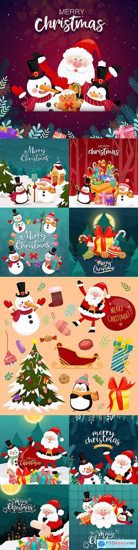 Merry Christmas card with Santa Claus and gift box