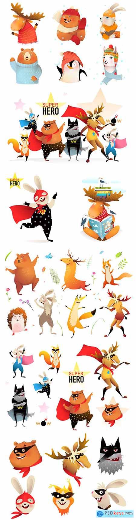 Wild animals and collection painted illustrations superheroes