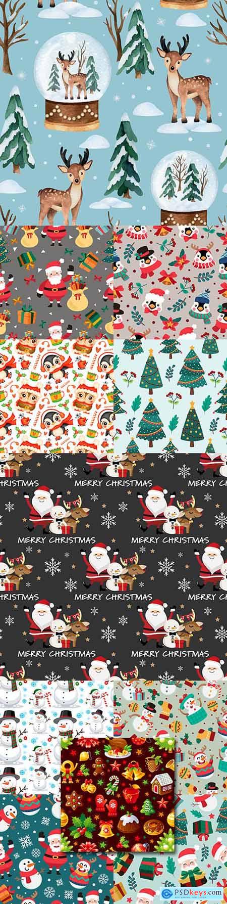 Christmas cartoon seamless patterns with Santa Claus and snowman