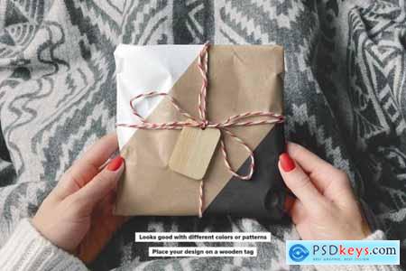 Parcel Wrapped In Paper With Wooden Tag Mockup