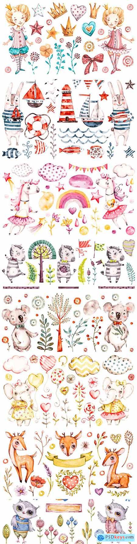 Cute animals and elements watercolor illustrations