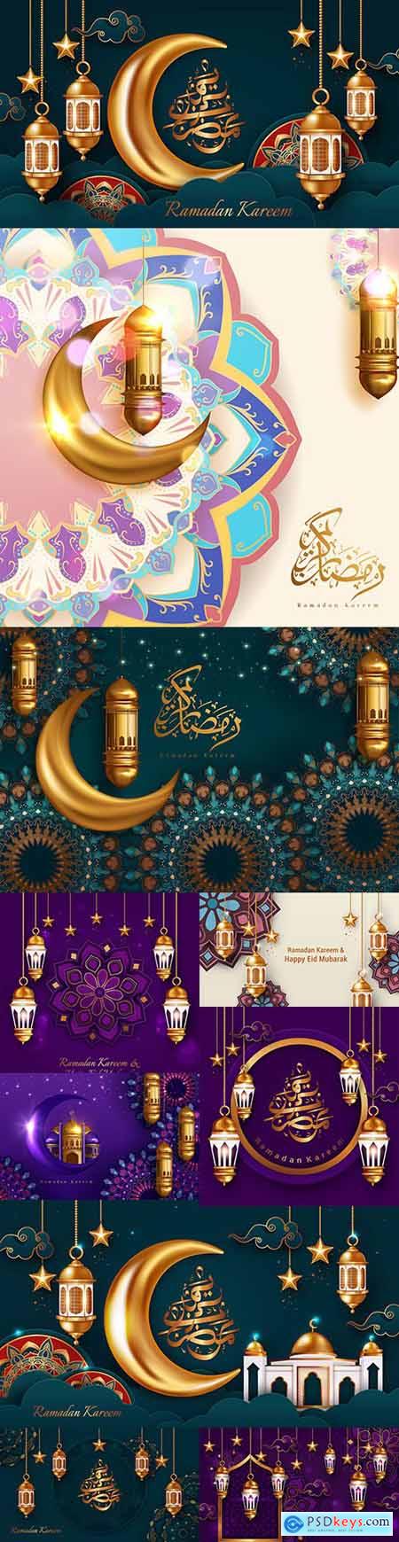 Ramadan Kareem backgrounds with golden lantern and crescent