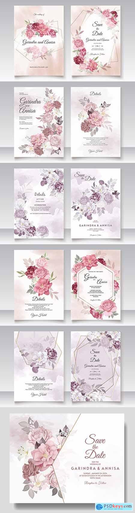 Floral wedding invitation template with elegant flowers and leaves