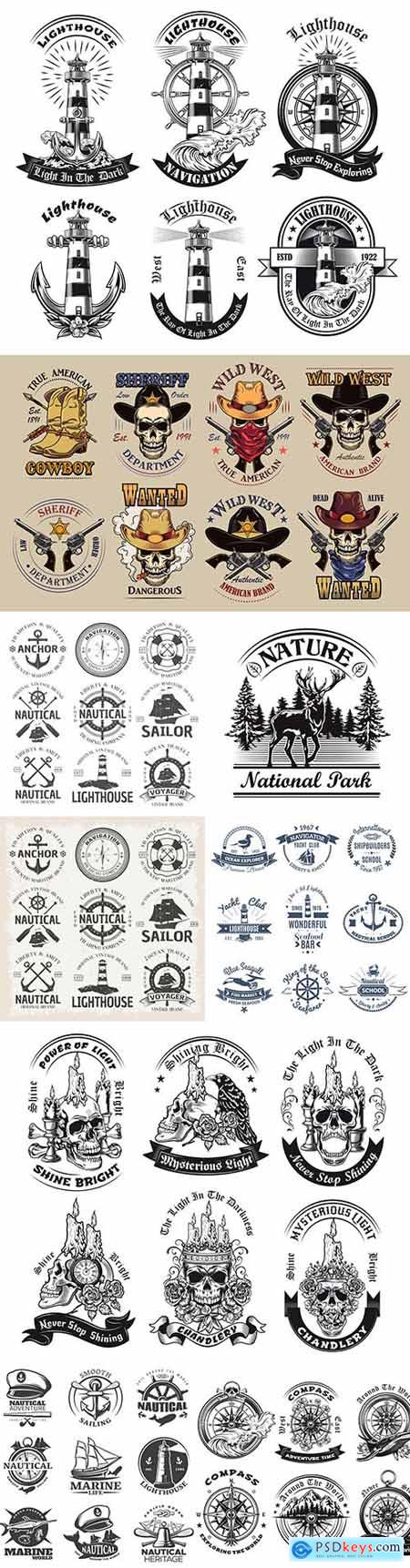 Marine world and Wild West set of labels and logos