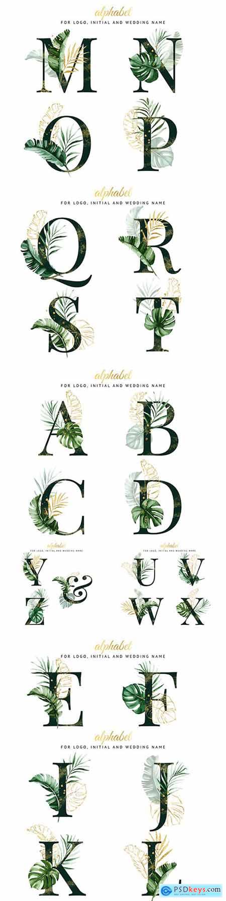 Decorative alphabet with tropical leaves for inviting design