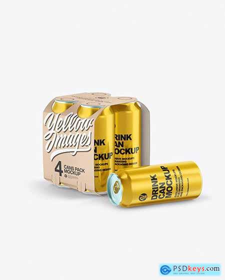 Carton Carrier W- 4 Glossy Metallic Cans Mockup 77176