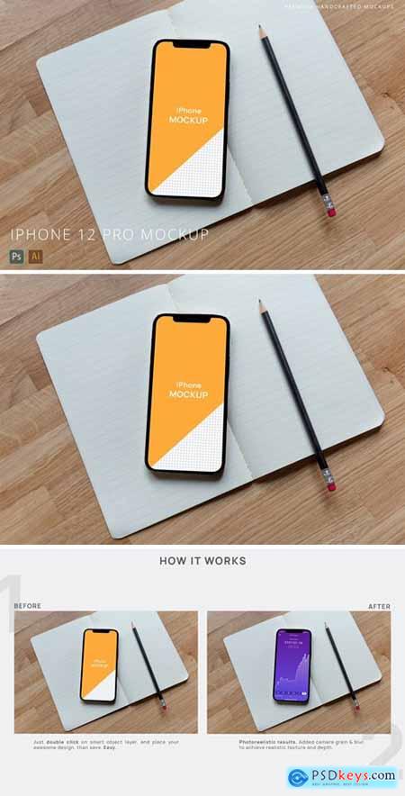 iPhone 12 Pro Mockup on Notebook Wooden Background