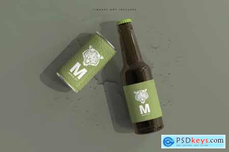 180ml mini soda or beer can and bottle with water drops mockups