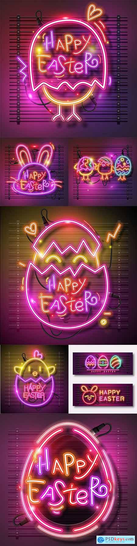 Happy Easter design banner with neon eggs illustration
