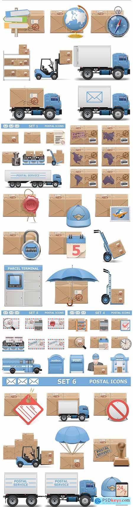 Mail icons and logistics delivery realistic design set