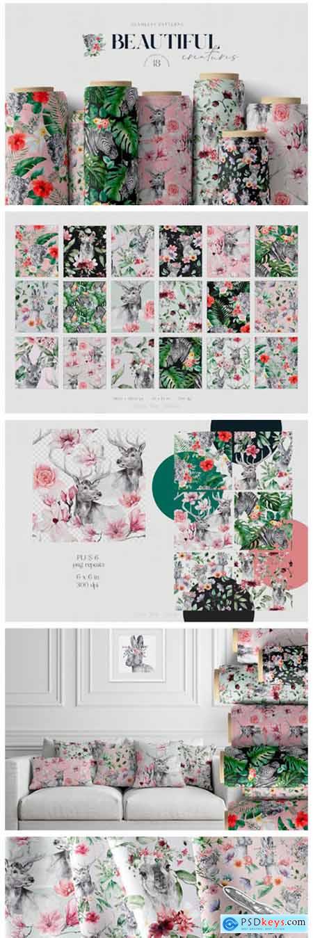 Animals and Flowers Seamless Patterns 12158411