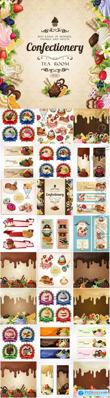 Backgrounds and banners with sweets, labels in vector
