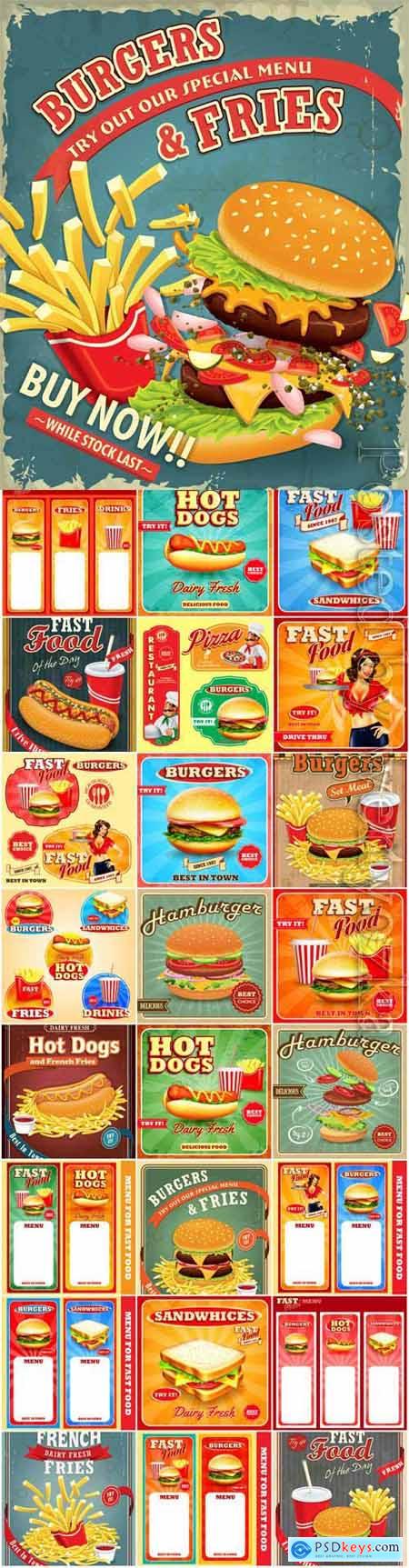 Fast food labels, menus and banners in vector