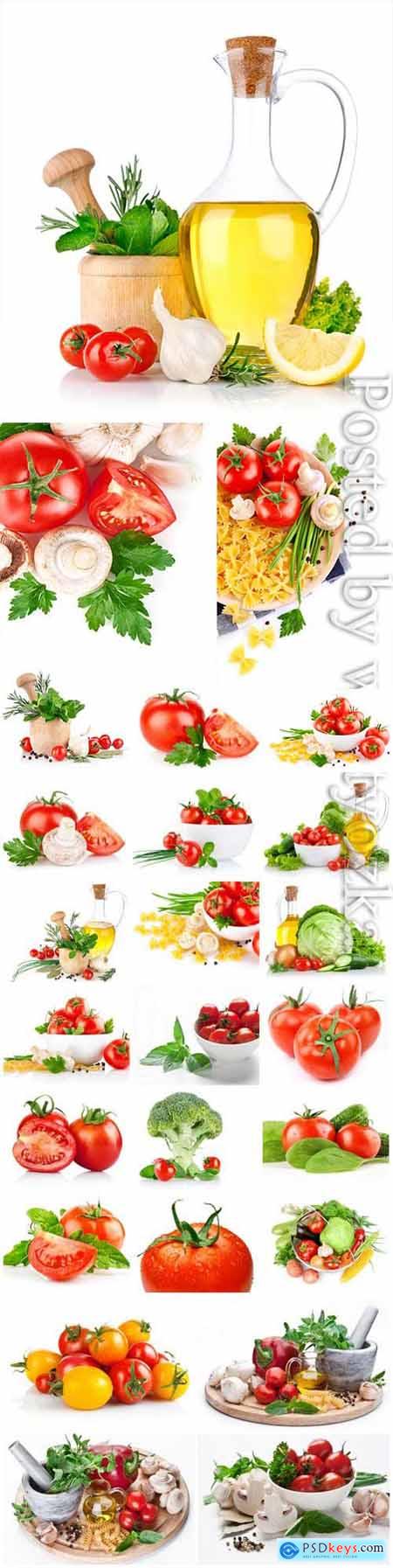Fresh tomatoes, herbs, spices and oil stock photo