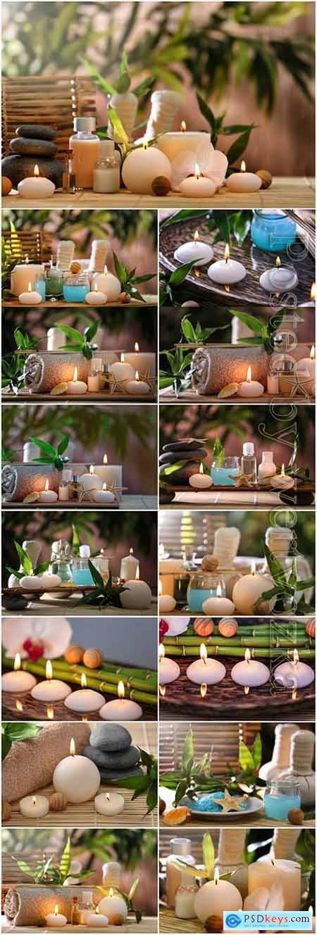 Spa composition with candle stones and bamboo stock photo