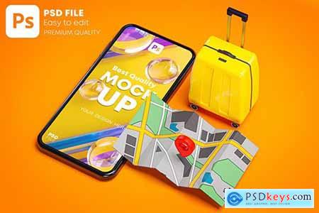 Phone Mockup Yellow Suitcase and Red Pin Map 3D RVAAGFU