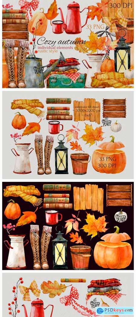 Cozy Autumn Watercolor Fall Clipart Bundle 14715124
