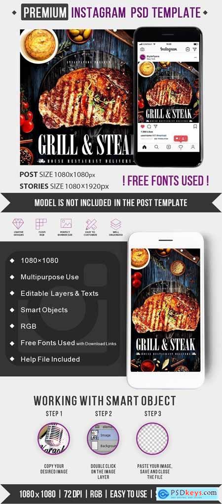 Grill & Steak House Restaurant Delivery PSD Instagram Post and Story Template