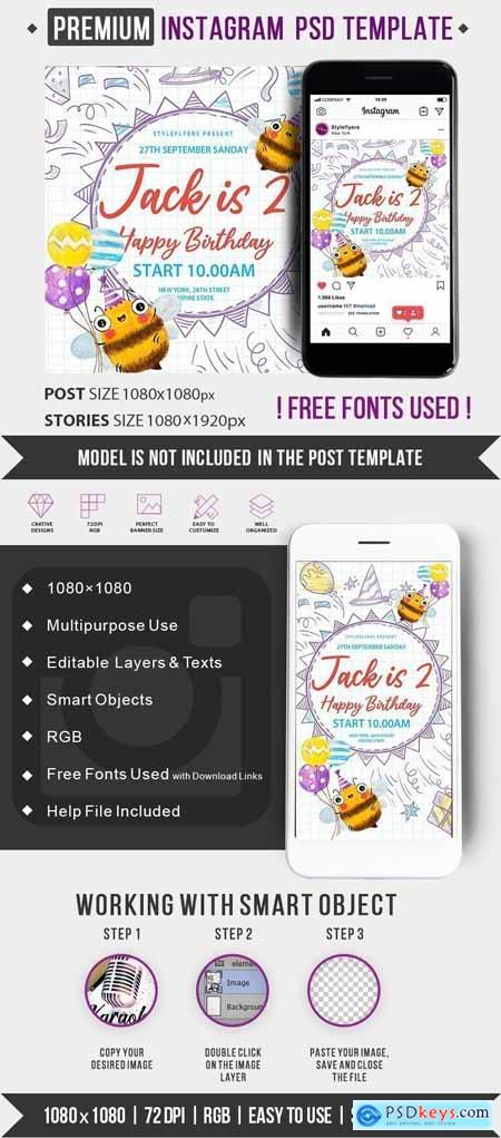 Jack is 2 Birthday Instagram Post and story PSD Template