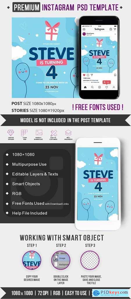 Steve Is Turning 4 Instagram post and story PSD Template