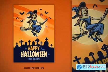Halloween Design with Cute Witch Ride Flying Broom