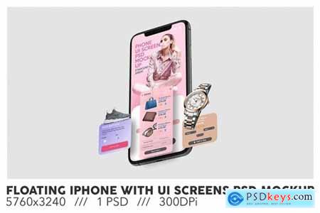 Floating iPhone With UI Screens PSD Mockup