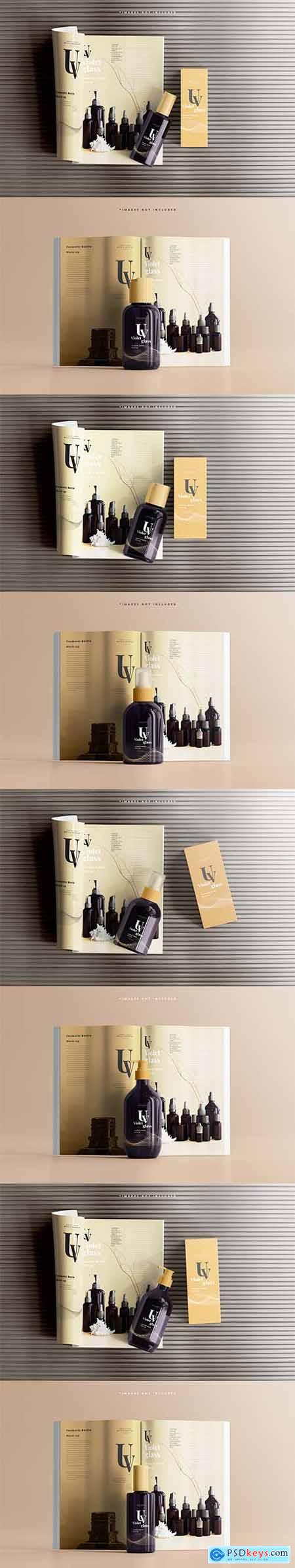 Uv glass cosmetic bottle with magazine mockup