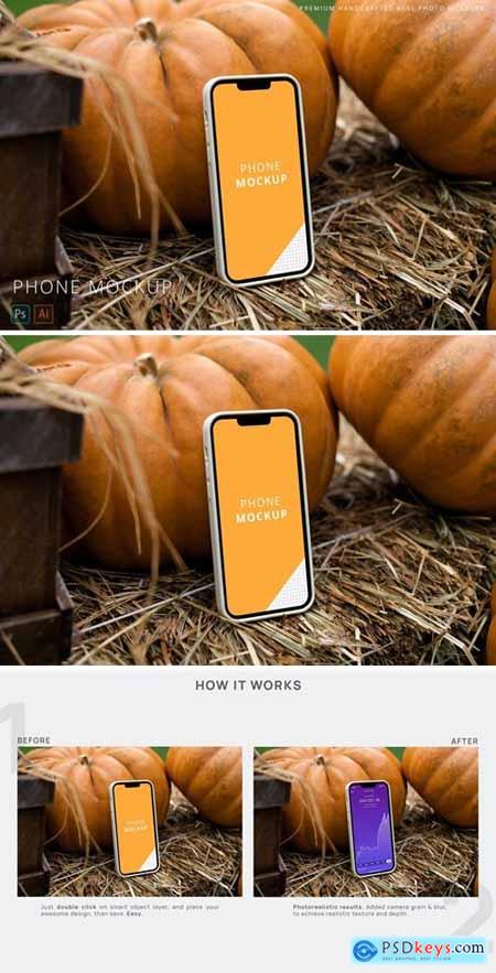 iPhone 13 Pro Halloween Pumpkins and Hay Mockup
