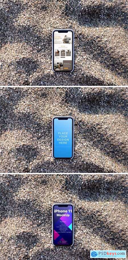 iPhone 11 Mockup on the rocky sand beach