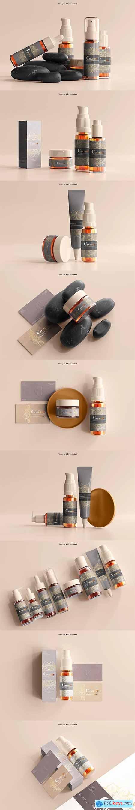 Cosmetic spray bottle and stationery mockup