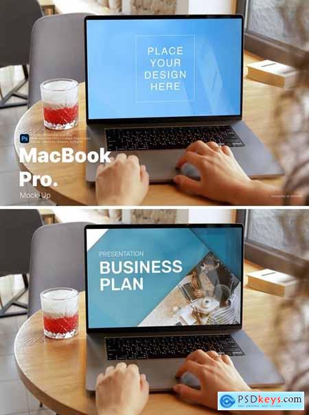 Mockup template- woman works on Macbook Pro laptop
