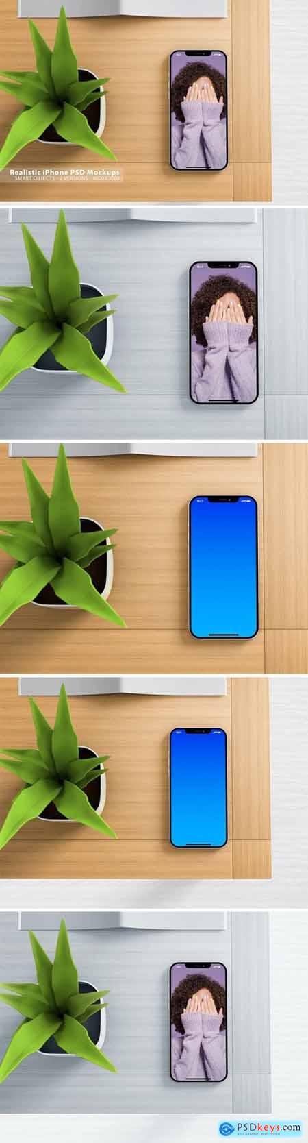 Realistic iPhone Pro on Table PSD Mockups