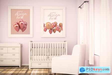 Two blank frames on pink baby room mockup