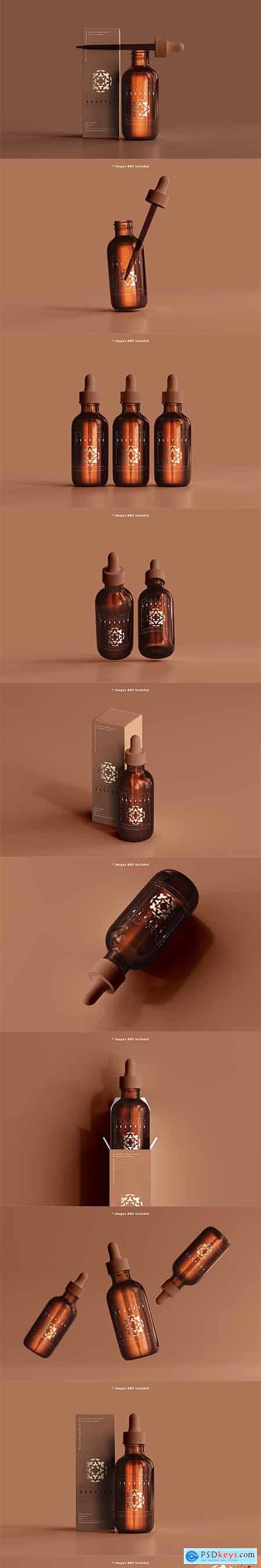 Amber glass dropper bottle and box mockup