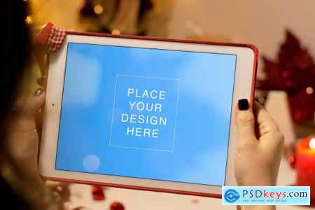 Christmas Mockup- iPad tablet on womans hands