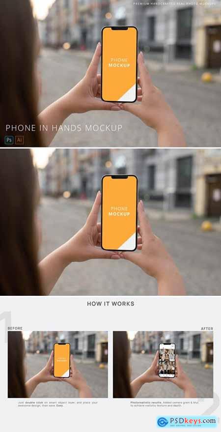 iPhone 12 Pro Max in Woman Hands on Street Mockup
