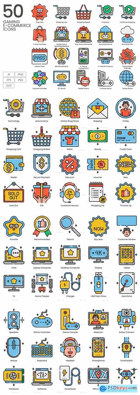 50 Gaming & Technology E-commerce Icons in Vector