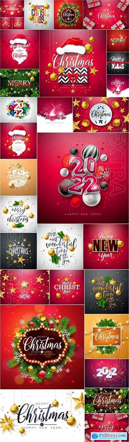 Merry christmas and happy new year illustration with gift box gold glass ball star and typography vector