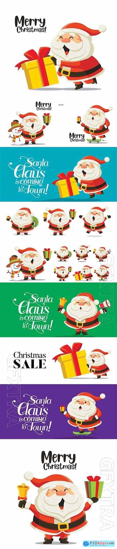 Merry christmas greeting with cartoon cute santa claus pushing big christmas present premium vector