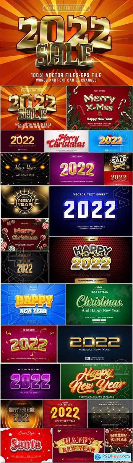 Happy new year, christmas, 2022 3d text editable style effect vector template set