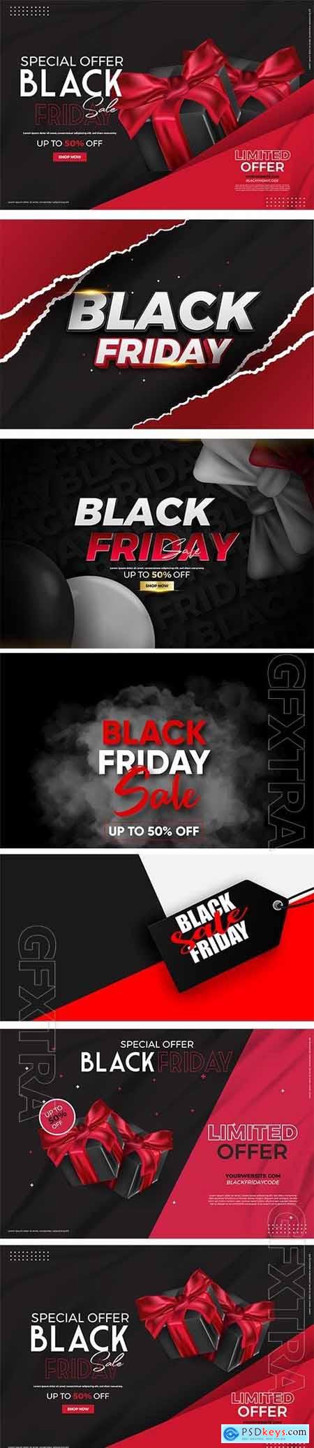 Black friday sale vector background with realistic 3d objects