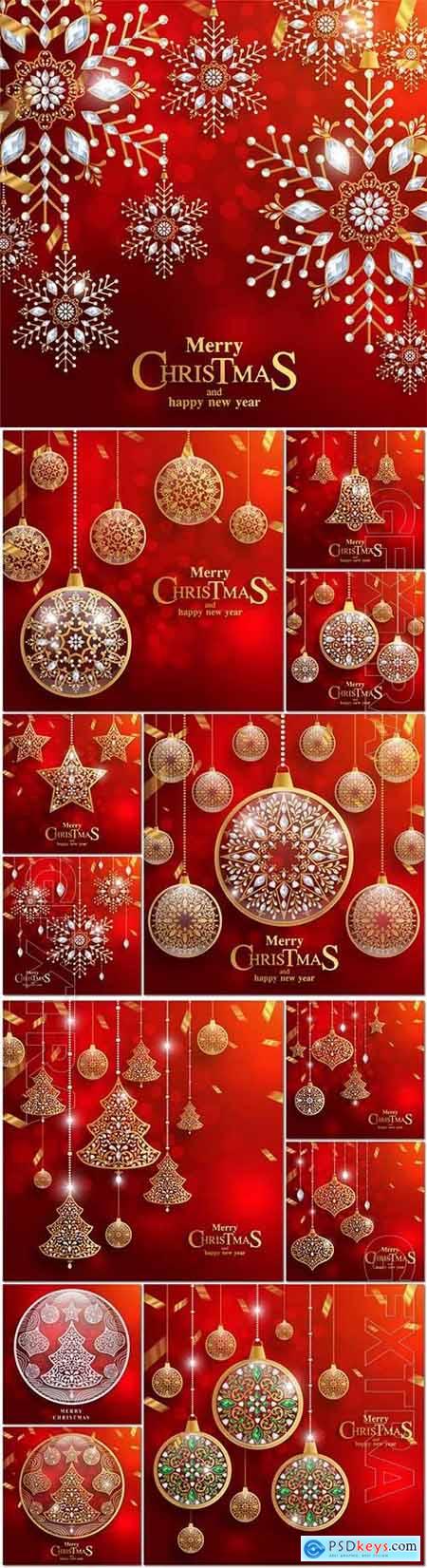 Merry christmas and happy new year with gold patterned and crystals on paper color in vector