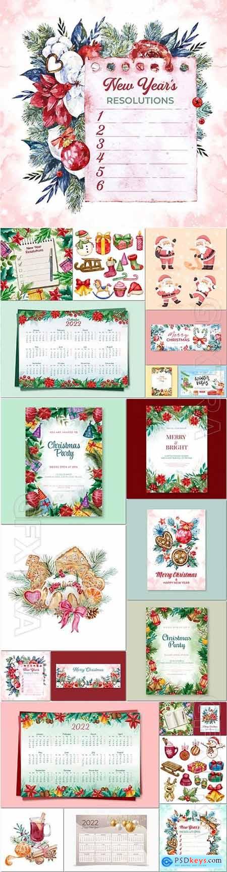 Hand drawn new years elements, party flyer, calendar 2022 template vector collection