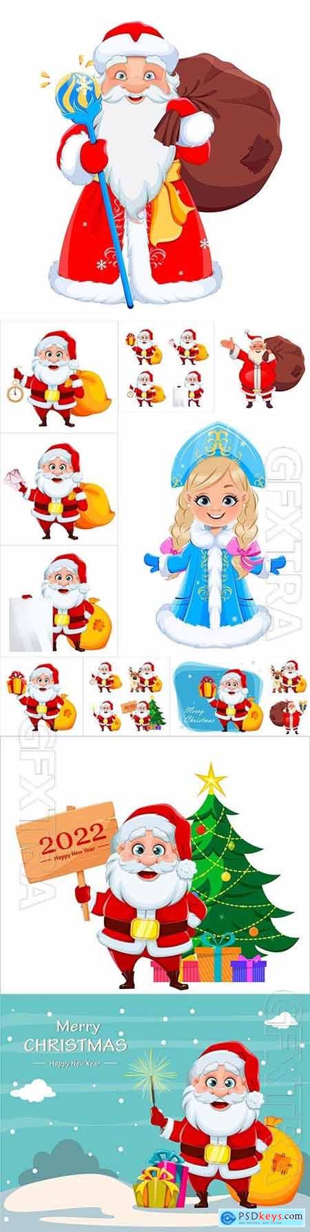 Merry christmas and happy new year, cheerful santa claus and russian snegurochka