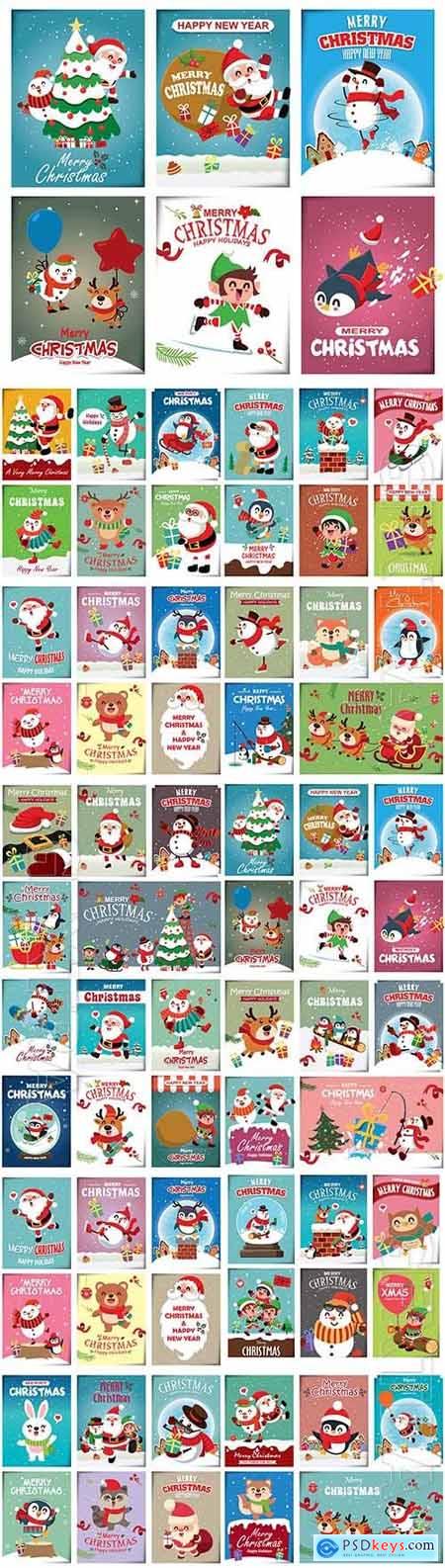 Christmas vintage poster design with vector snowman reindeer penguin santa claus premium vector