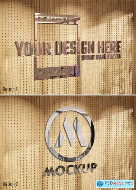 Logo Mockup with 3D Glossy Effect on Sunlit Wooden Wall 468263447