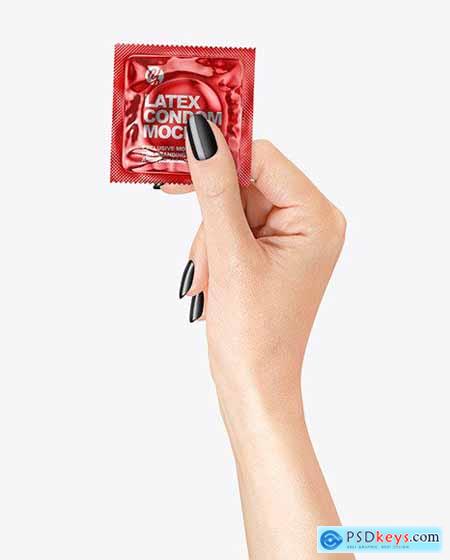 Glossy Metallic Square Condom Packaging in a hand mockup 94967