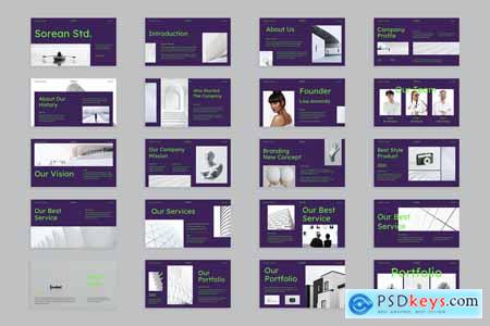 Clean Purple Green Simple Modern Corporate Profile Powerpoint, Keynote and Google Slides Templates