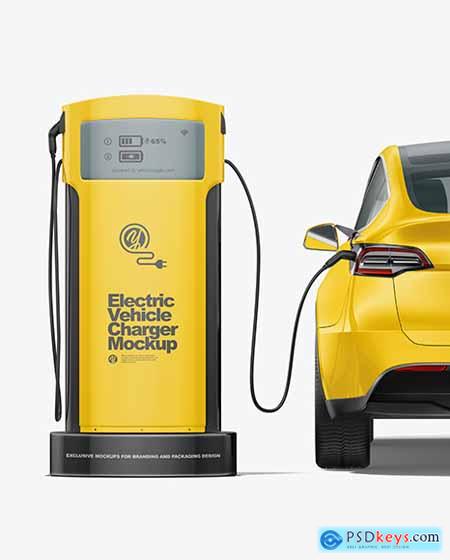 Electric Car on Charging Station Mockup - Back View 97301